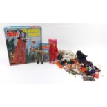 Vintage action figures and accessories including Action Man helicopter pilot action figure by