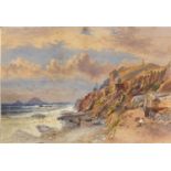 Rocky coastline with fisherman, Victorian watercolour, unframed, 51.5cm x 36cm : For Further