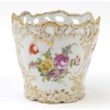 Dresden porcelain vase with pierced border hand painted and gilded with flowers, 17cm high : For