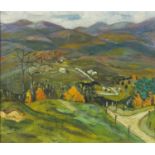 After Sheila Fell - Cumberland foothills, Modern British school oil on board, framed and glazed,