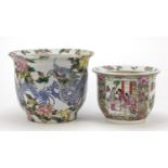 Two Chinese porcelain jardinieres hand painted with dragons, flowers and figures, the largest 20.5cm