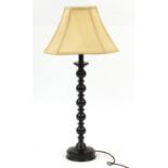 Contemporary bronzed bobbin design lamp with silk lined shade, 77cm high : For Further Condition