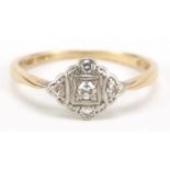 Art Deco style 9ct and platinum diamond cluster ring with pierced claw setting, size M, 1.7g : For