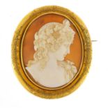 Good Victorian cameo brooch with unmarked gold mount engraved with flowers, (tests as 15ct+ gold)