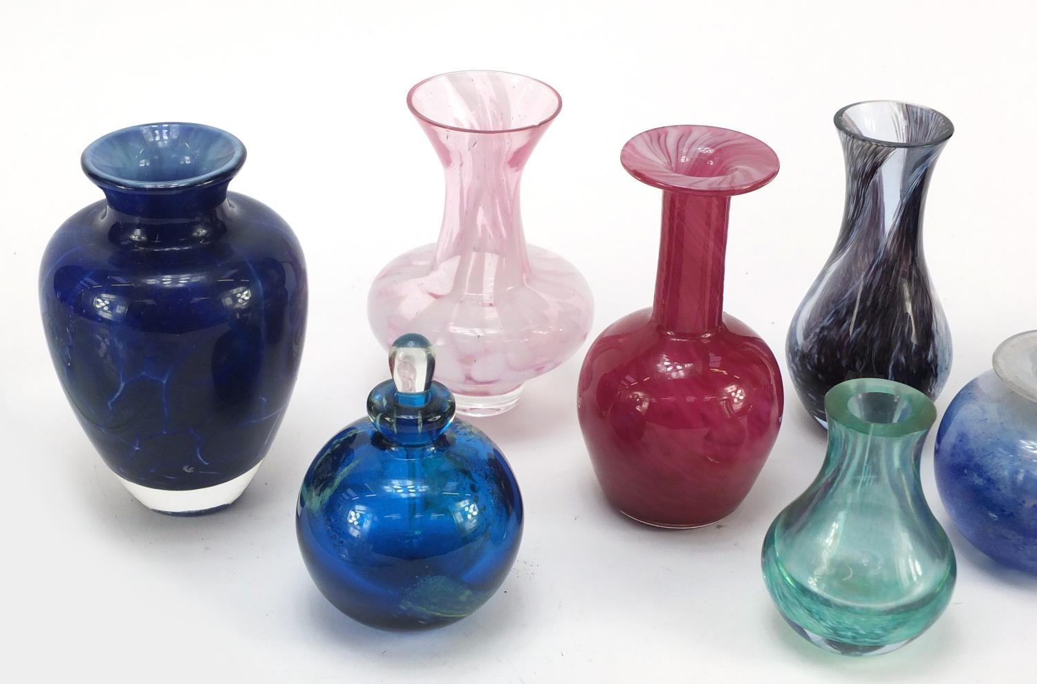 Colourful glass vases and scent bottles including Mdina and Caithness and a glass chess set : For - Image 8 of 11