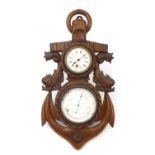 Oak anchor design wall clock and barometer carved with dolphins by F Wiggins & Sons of London,