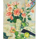 Still life flowers and fruit, Scottish Colourist school oil on board, framed, 48.5cm x 40cm : For