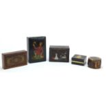 Five boxes including Russian lacquered example hand painted with a young boy, camel bone,