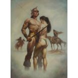 Two figures before horses, oil on board, framed, 82.5cm x 61.5cm : For Further Condition Reports,