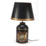 Toleware table lamp and shade hand painted with coat of arms, 72cm high : For Further Condition