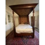 Mahogany Tester bed with fourt tapering turned supports, upholstered backboard and curtain, mattress