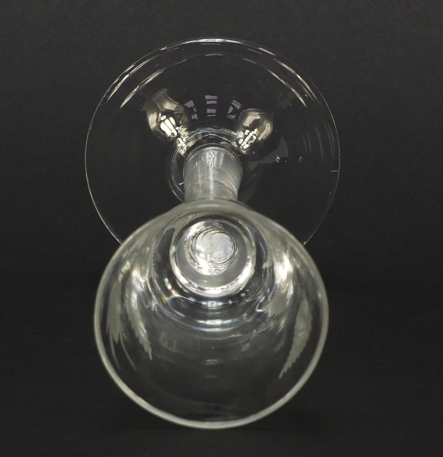 18th century Jacobite wine glass having a rounded funnel bowl engraved with a rose and foliage, on - Image 6 of 9