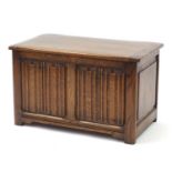 Oak linen fold two panel coffer, 46.5cm H x 76cm W x 44cm D : For Further Condition Reports,