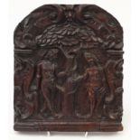 17th century oak panel carved with Adam and Eve, Arthur Brett & Sons reciept for £1500.00, 29.5cm