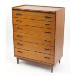 1970's teak six drawer chest on tapering legs, 106cm H x 80cm W x 43.5cm D : For Further Condition