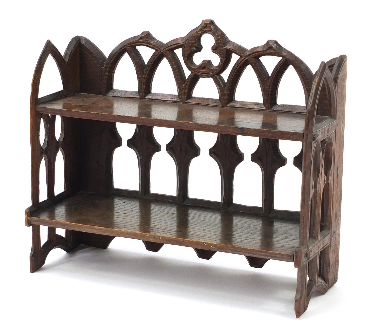 19th century Gothic oak book shelf, 31cm H x 36cm W x 13.5cm D : For Further Condition Reports, - Image 2 of 11