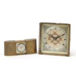 Europa gilt metal travelling clock and a gilt metal and needlework easel clock, the largest 15cm
