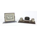 Art Deco chrome Peribale desk clock with swivelling base an oak desk stand with a pair of inkwells