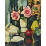 Still life flowers and fruit, Scottish colourist school, oil on board, framed, 41.5cm x 39.5cm : For