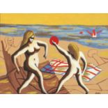 Two nude females on a beach, watercolour and gouache, inscribed verso, mounted, framed and glazed,