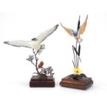 Two Albany Fine Arts hand painted porcelain and bronze birds raised on mahogany plinth bases,