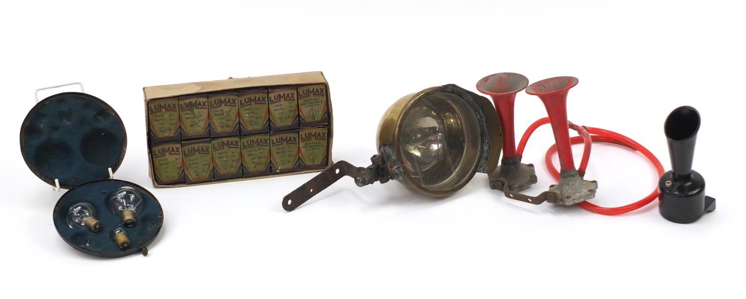 Automobilia including Ferrari air horn, Model T Ford spotlight, Alexandra's Spare car bulb carrier