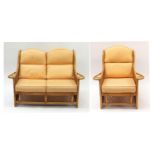 Cane conservatory two seater settee and armchair, the settee 134cm wide : For Further Condition