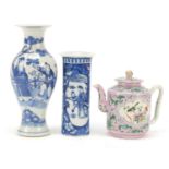 Chinese porcelain including a blue and white baluster vase and a straits style teapot hand painted