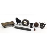 Sundry items including sixteenth century Kolf ball, fishing cork, French cut out bird scarer,