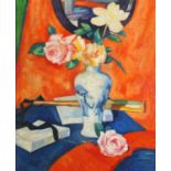 Still life flowers in a vase, Scottish Colourist school oil on board, framed, 60.5cm x 50.5cm :