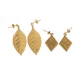 Two pairs of 9ct gold earrings, the largest 3cm in length, 2.4g : For Further Condition Reports,