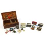 Vintage fishing reels and tackle housed in a stained pine box, 30.5cm wide : For Further Condition