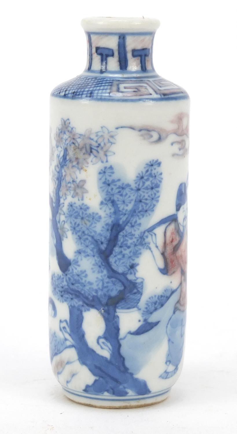 Chinese blue and white with iron red porcelain snuff bottle hand painted with figures in a - Image 4 of 8