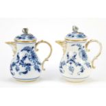 Two Meissen water pots with floral knops, each hand painted in the Blue onion pattern, crossed sword