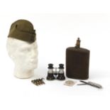 Militaria including a World War II Khaki felt covered water bottle, Baring compass, pocket tool