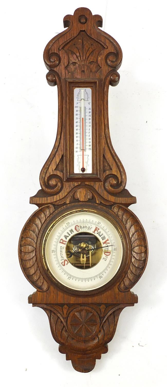 Three carved oak wall barometers and thermometers, two with silvered dials, the largest 66cm - Image 12 of 16