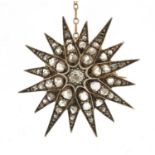 Unmarked antique gold and diamond starburst brooch, 4.1cm wide, 11.7g : For Further Condition