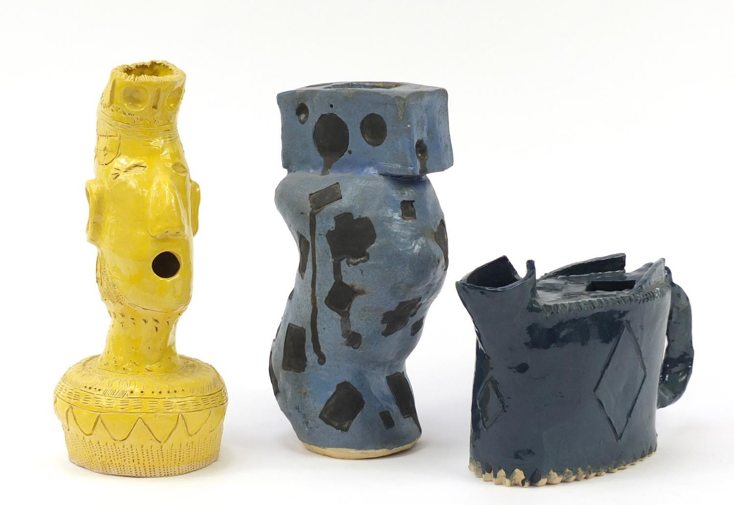 Three Modernist ceramic vessels including jug and figural vase, the largest 33.5cm high : For