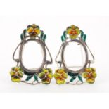 Pair of Art Noveau design sterling silver and enamel easel photo frames, 4.5cm high, 12.8g : For