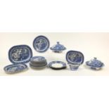 Wedgwood blue and white Willow dinnerware including platters and two lidded tureens together with