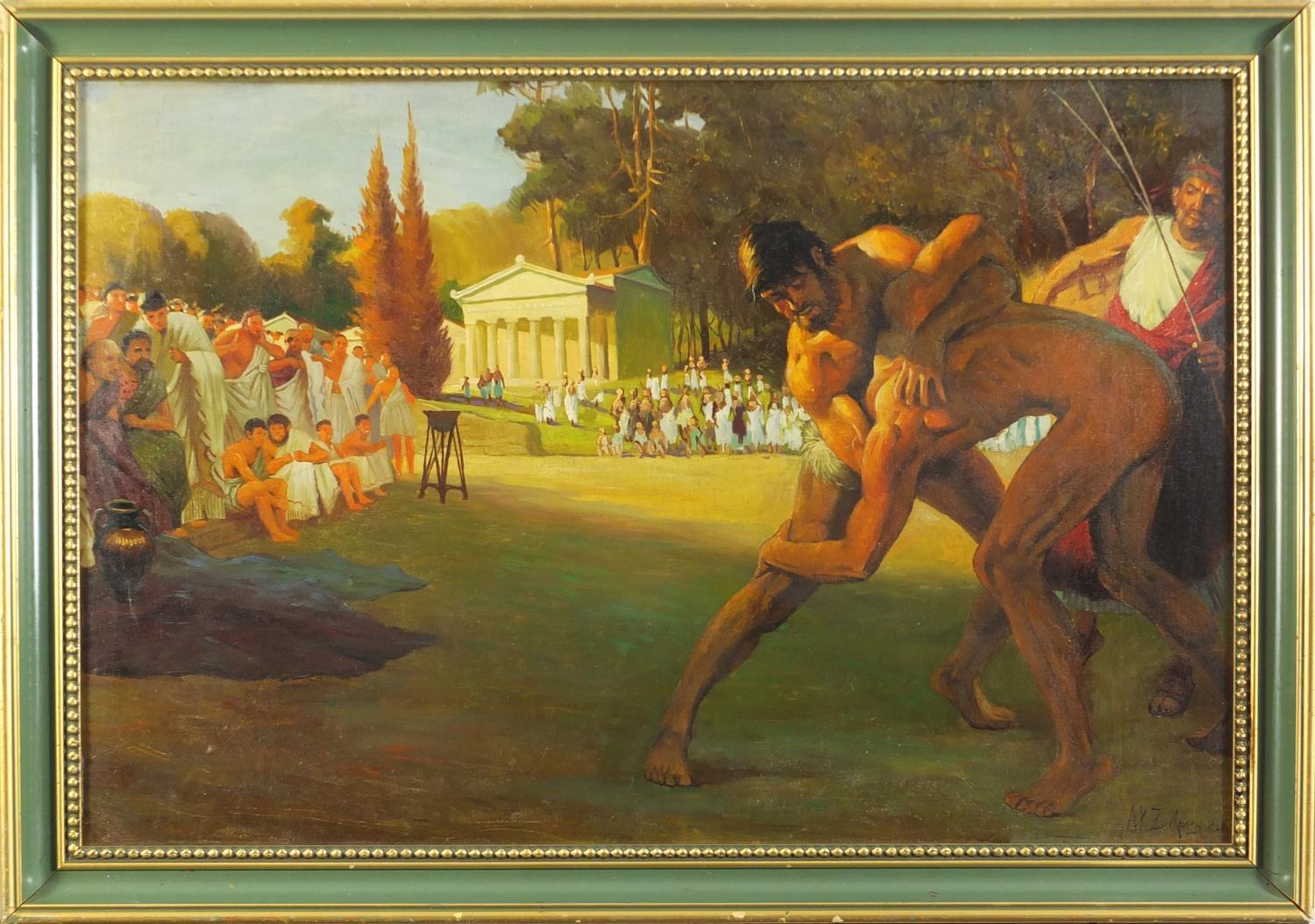 Greek school wrestlers, bearing a signature AK Zinkeisey, oil on board, mounted and framed, 87cm x - Image 2 of 4