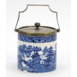 Macintyre blue and white porcelain biscuit barrel with silver plated mounts, 13.5cm high : For