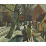 Snowy town scene with figures, Russian school oil on canvas bearing an indistinct signature, mounted