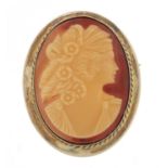 George V silver mounted cameo style brooch with portrait of female, Chester 1921, 4.7cm x 3.5cm :
