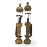 Pair of railwayana interest brass wall candle holders with glass shades, each 35cm high : For