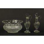 Good 19th century Irish cut glass fruit bowl and a pair of George III cut glass oil and vinager