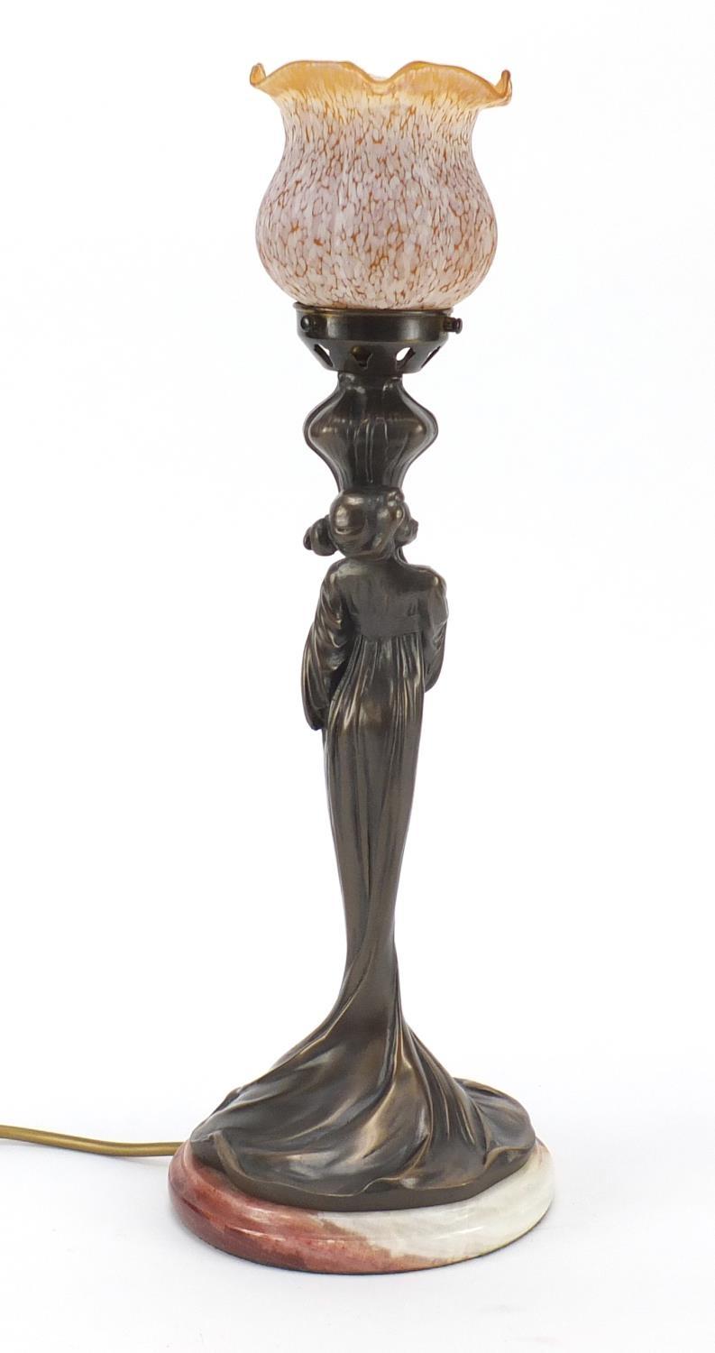 Art Nouveau style bronzed maiden design table lamp with frilled glass shade on marble base, 46cm - Image 5 of 5