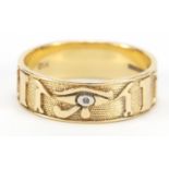14ct gold Egyptian hieroglyphic ring set with a diamond, size Y, 6.8g : For Further Condition