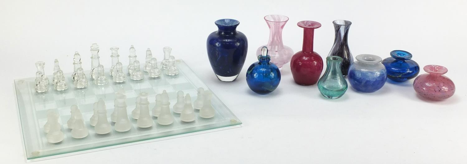 Colourful glass vases and scent bottles including Mdina and Caithness and a glass chess set : For - Image 6 of 11