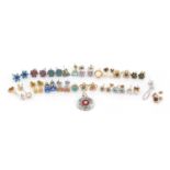 Assorted earrings including 9ct gold and silver examples, mostly set with colourful stones : For